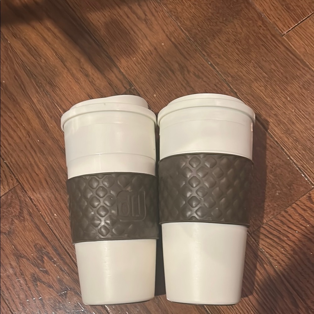White Travel Mugs with Brown Sleeves - Set of 2